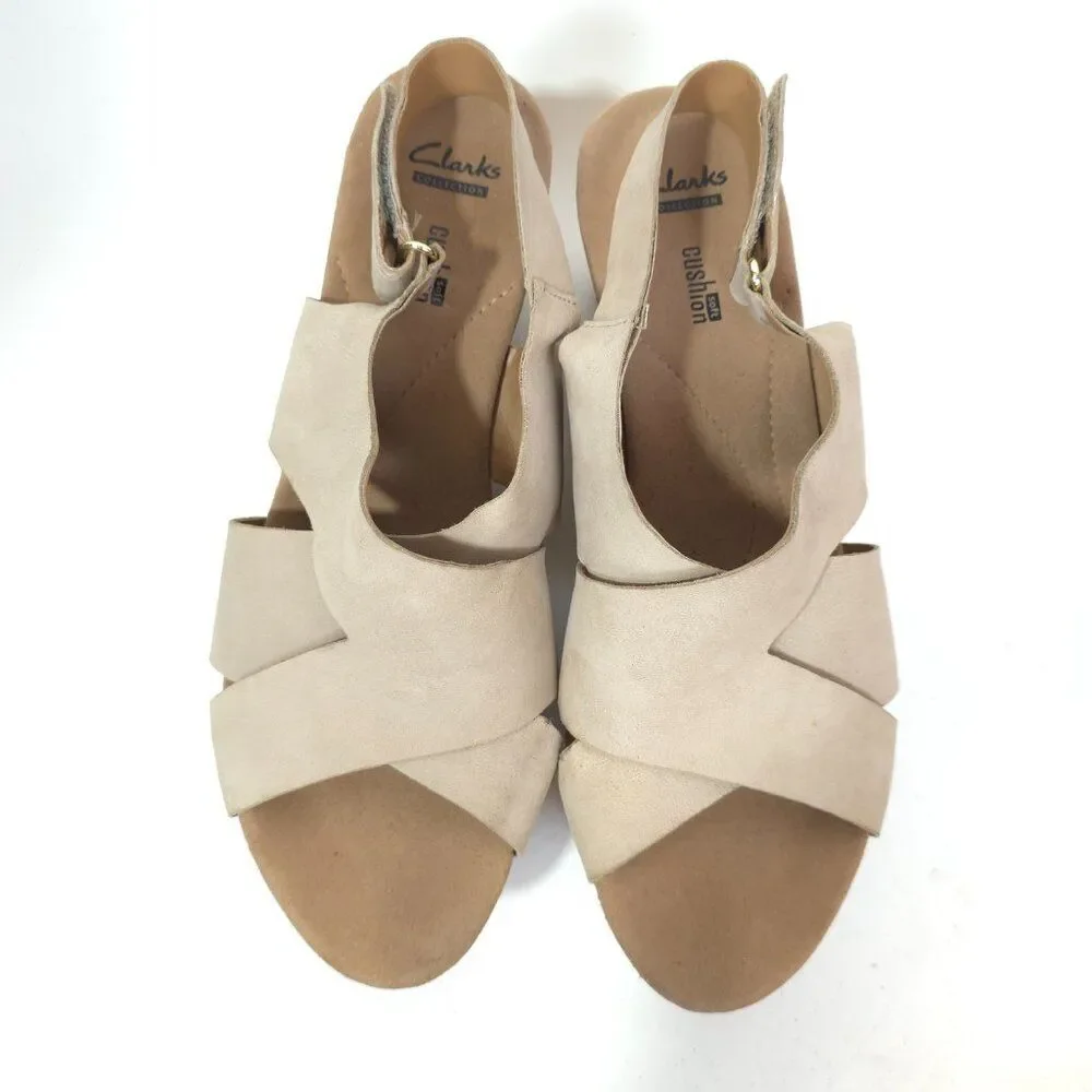 Clarks Annadel Eirwyn Sand Nubuck Cork Wedge Sandals Slingback Size 12